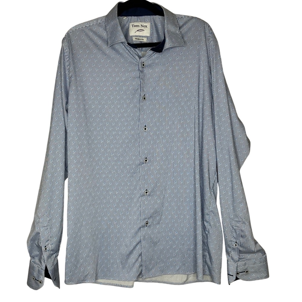 Tom Nox Modern Fit‎ Button Up Long Sleeve Shirt Tiny Umbrellas Blue and White XL
